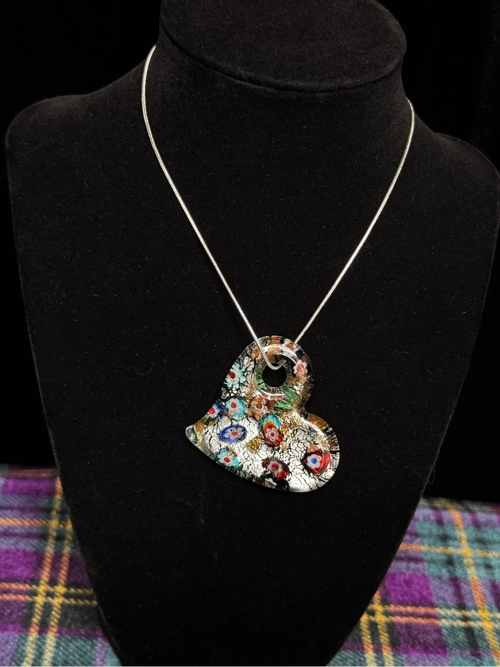 VTG Murano Glass Millefiori Heart Pendant Sterling Silver Necklace